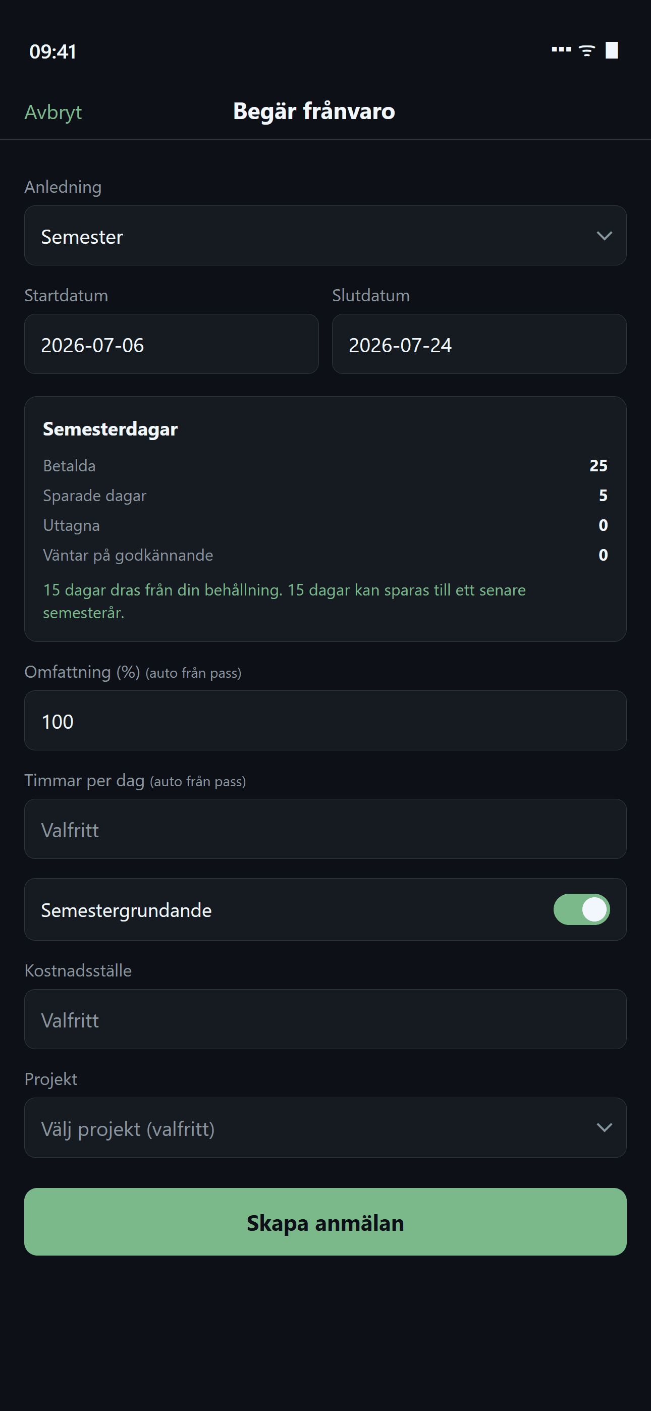 Ansökan om frånvaro i Timplys mobilapp med val av orsak, datum och omfattning